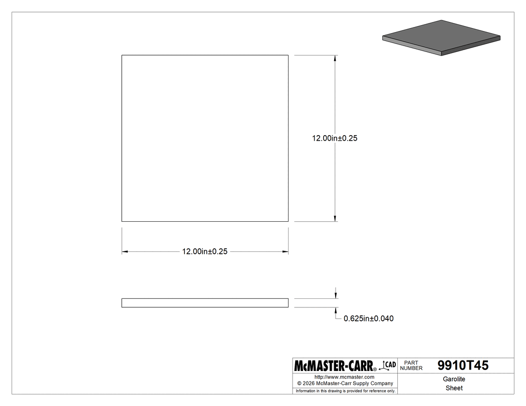 Technical Drawing of Garolite Sheet, 12" Wide x 12" Long, 5/8" Thick.